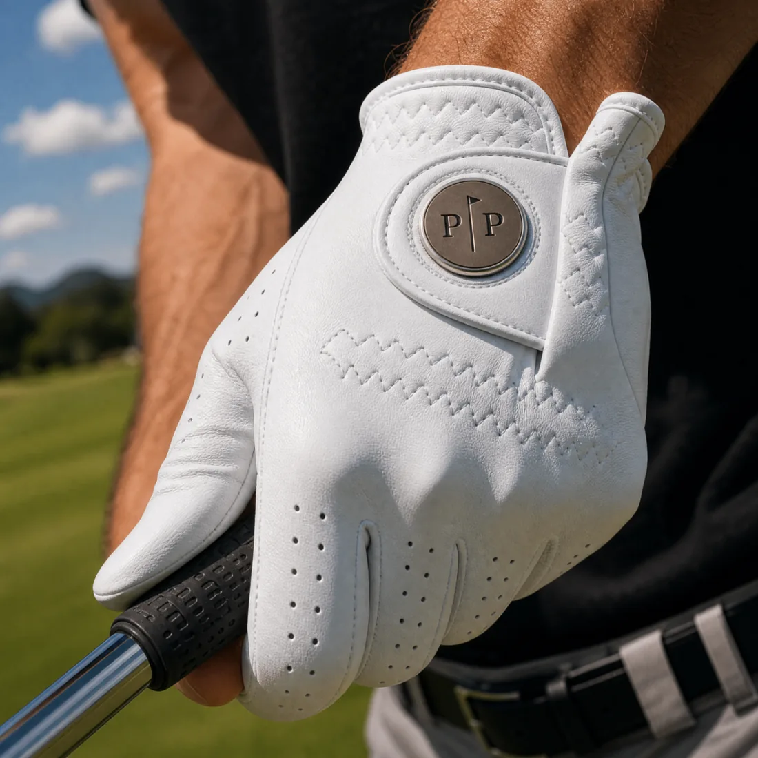 Close-up of Par & Principle glove leather and P|P badge